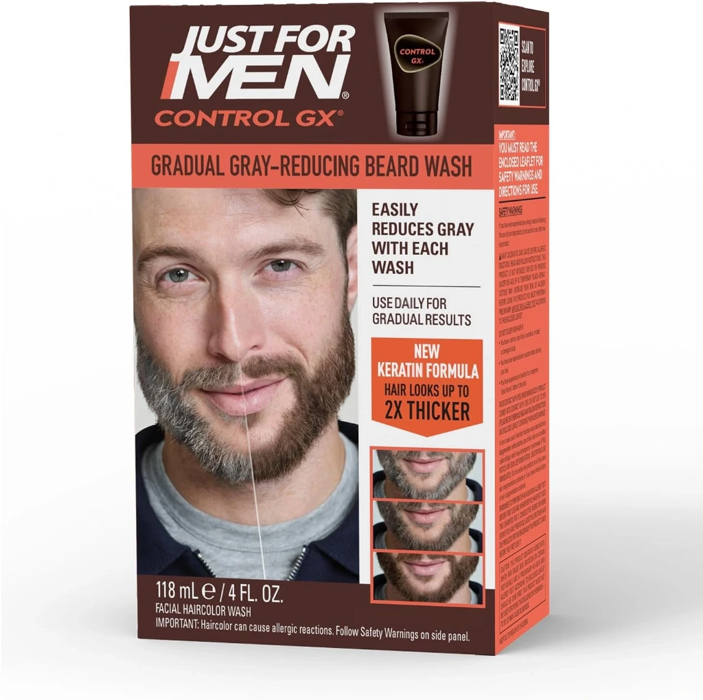 Just for Men Control GX Grey Reducing Beard Wash Shampoo, Gradually Colors Mustache and Beard, Leaves Facial Hair Softer and Fuller, 4 Fl Oz - Pack of 1 | Control GX Beard Wash gradually reduces grays in facial hair with each wash. Keratin strenthens and thickens hair.