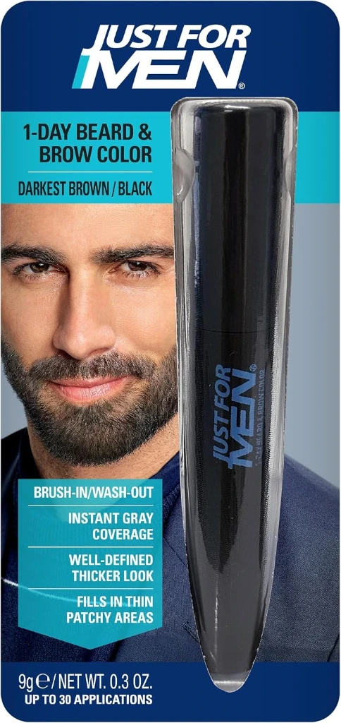 Just for Men 1-Day Beard & Brow Color, Temporary Color for Beard and Eyebrows, For a Fuller, Well-Defined Look, Up to 30 Applications, Darkest Brown/Black | 1-Day Beard & Brow Color darkest brown/black temporarily covers gray, fills-in patchy areas for well-defined, thicker look.
