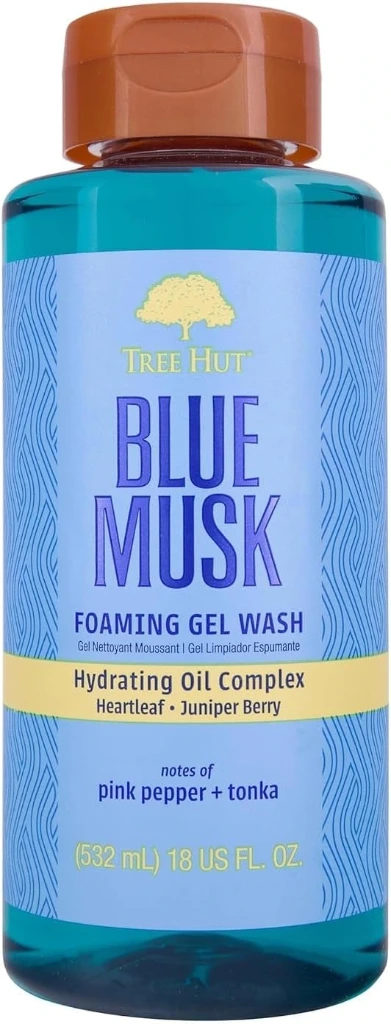 Tree Hut Blue Musk Foaming Gel Wash, Hydrating & Moisturizing Body Wash with Shea Butter & Nourishing Essential Oils, Daily Cleanser for Soft Smooth Skin, 18 fl oz