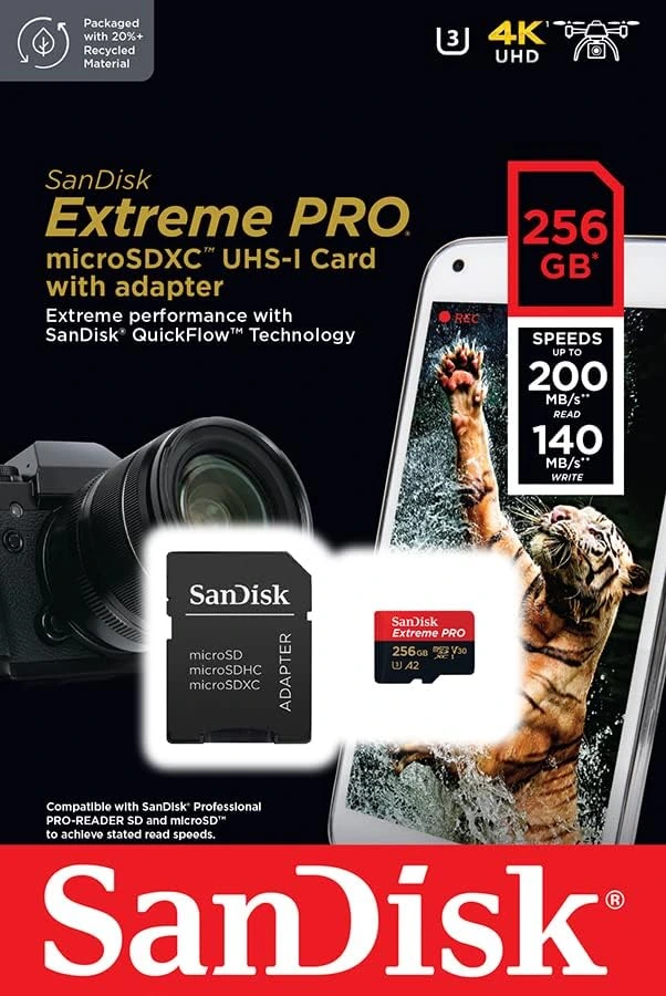 SanDisk 256GB Extreme Pro microSD UHS I Card for 4K Video on Smartphones, Action Cams & Drones 200MB/s Read, 140MB/s Write, SDSQXCD 256G GN6MA, Red/Black