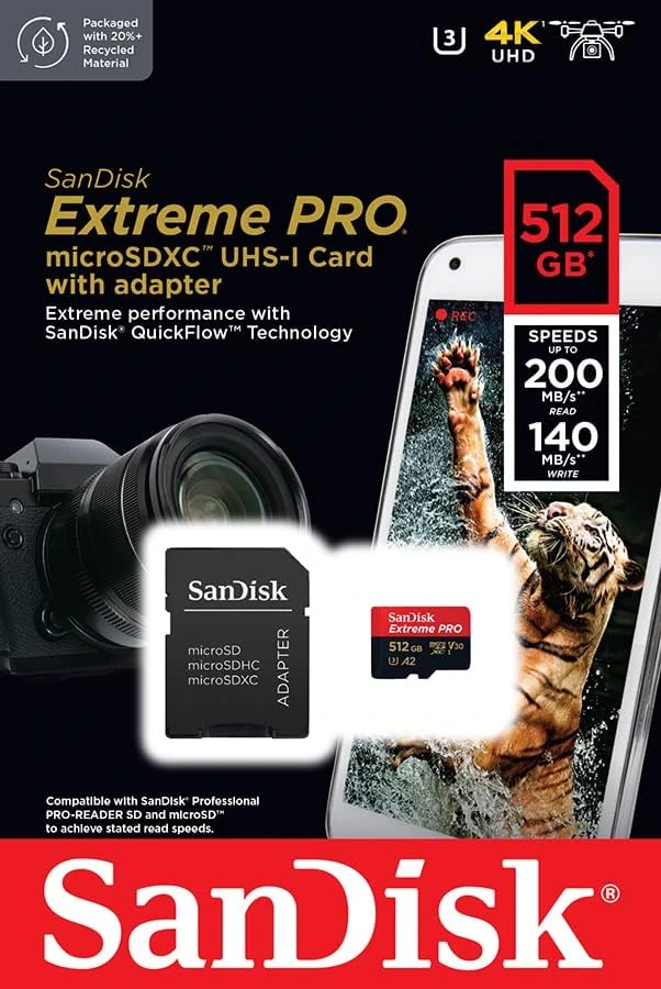 SanDisk 512GB Extreme Pro microSD UHS I Card for 4K Video on Smartphones, Action Cams & Drones 200MB/s Read, 140MB/s Write, SDSQXCD 512G GN6MA, Red/Black