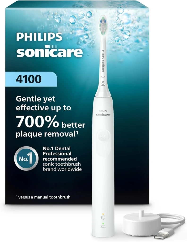 Sonicare Philips 4100 Power Toothbrush, Rechargeable Electric Toothbrush with Pressure Sensor, White HX3681/23