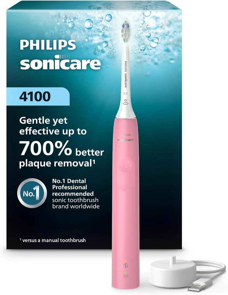 SONICARE Philips 4100 Rechargeable Electric Toothbrush, with Pressure Sensor, 2 Intensity Settings, SmarTimer and QuadPacer, 14-Day Battery Life, Deep Pink, Model HX3681/26 | 700% More Plaque Removal¹, Pressure Sensor, 2 Brush Settings, 2-Week Battery, 2-Minute Guided Timer, HX3681/26 