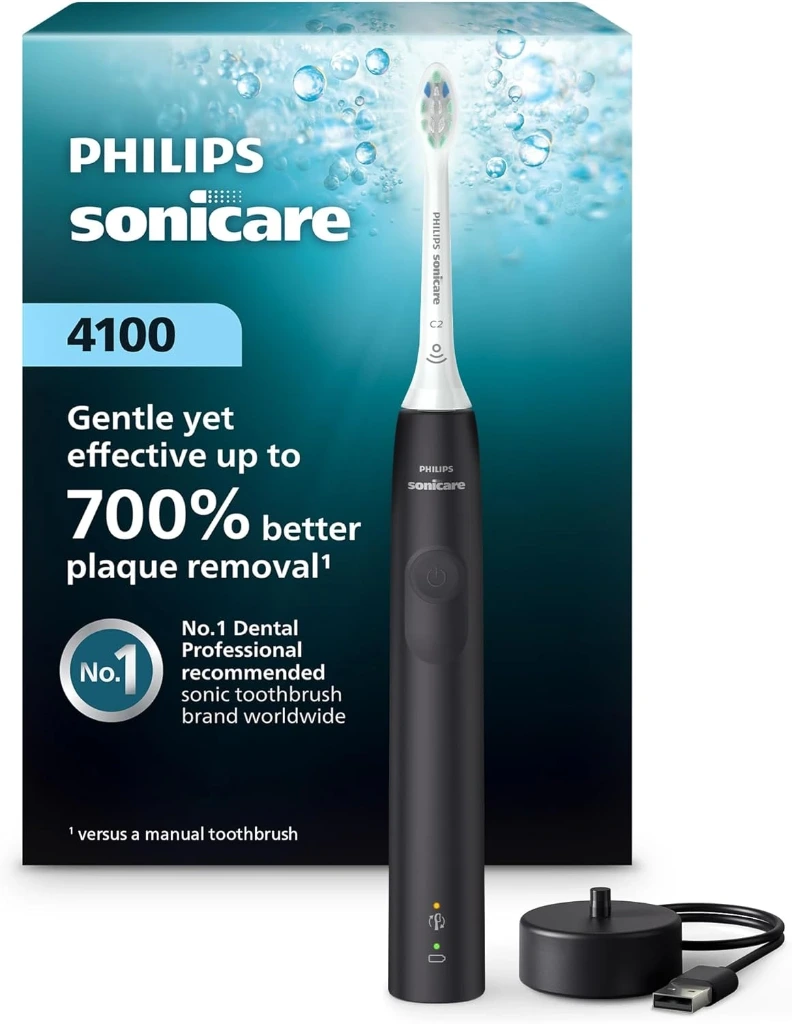  Philips Sonicare 4100 Rechargeable Electric Toothbrush, with Pressure Sensor, 2 Intensity Settings, SmarTimer and QuadPacer, 14-Day Battery Life, Black, Model HX3681/24 | 700% More Plaque Removal¹, Pressure Sensor, 2 Brush Settings, 2-Minute Guided Timer, 14-Day Battery, HX3681/24 