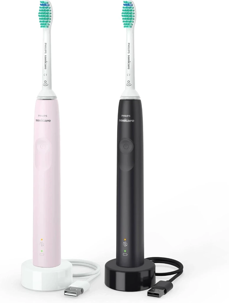  Philips Sonicare 3100 Series Sonic Electric Toothbrush (Dual Pack) with Pressure Sensor and BrushSync Replacement Reminder, Black and Sugar Rose (Model HX3675/15) 