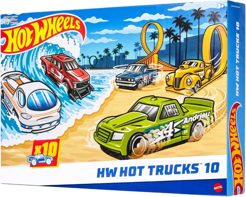 Hot Wheels 1:64 Scale Toy Trucks, Set of 10 Die-Cast Stunt, Utility and Racing Vehicles and Other Toy Pick-ups, Transporters, Modern and Retro Models (Styles May Vary) HYM97