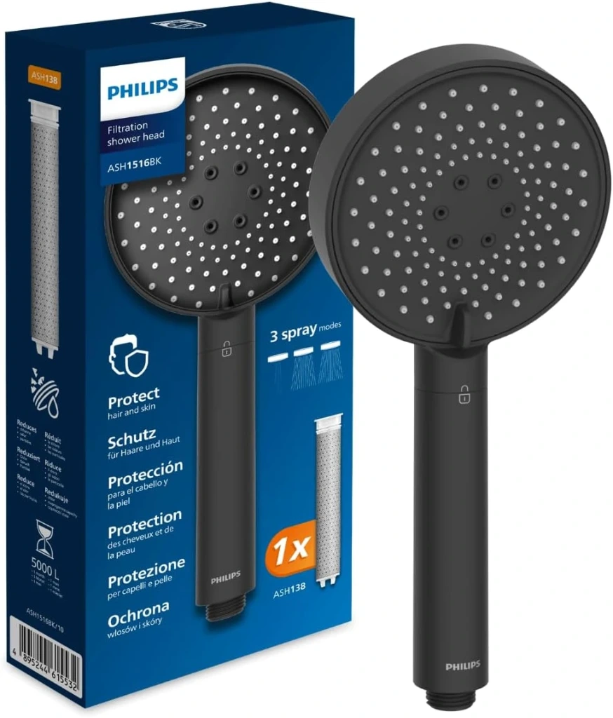 رأس دش فيليبس ASH1516 مع ترشيح، حماية للشعر والبشرة، يزيل الكلور والجزئيات الكبيرة بفعالية، ثلاثة أوضاع رش، سعة فلتر شهر واحد، أسود