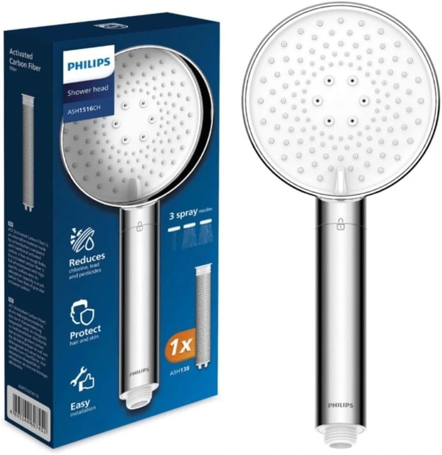  Philips ASH1516 Shower Head with Filter, Effectively Removes Chlorine and Other Large Particles, Three Spray Modes, Pressure Enhancing Design, 1 Month Filter Capacity, Chrome 
