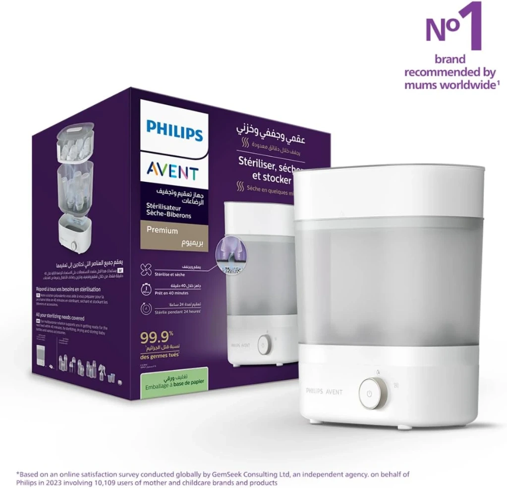  Philips Avent Premium Baby Bottle Steriliser and Dryer Removes 99.9% of Bacteria, Chemical-Free, Capacity for 6 Bottles/Teats/Accessories, Model SCF293/00 