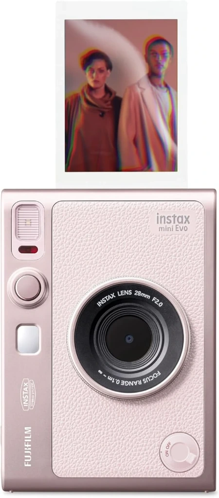 كاميرا instax mini EVO 2 في 1 الرقمية الهجينة وطابعة الصور، شاشة LCD بحجم 2.7 بوصة، مع 10 عدسات و10 تأثيرات فيلم، تستخدم فيلم instax mini المبيع بشكل منفصل، لون وردي لطيف